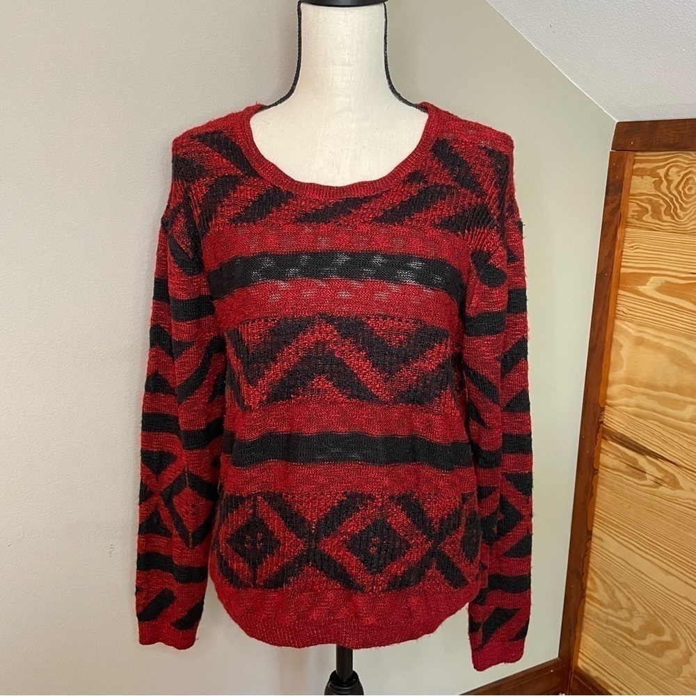 Forever 21 Red & Black Patterned Semi Sheer Sweater Large